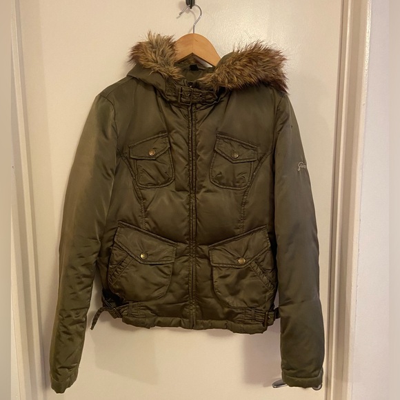 GUESS Army Green Hooded Jacket with Faux Fur Trim Size : L - Picture 2 of 9